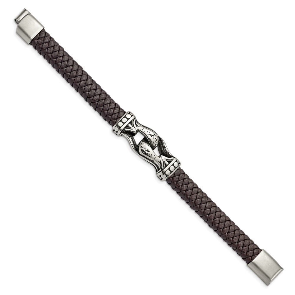 Diamond2Deal Stainless Steel Antiqued and Polished Dark Brown Braided Faux Leather Bracelet for Men 8.5"