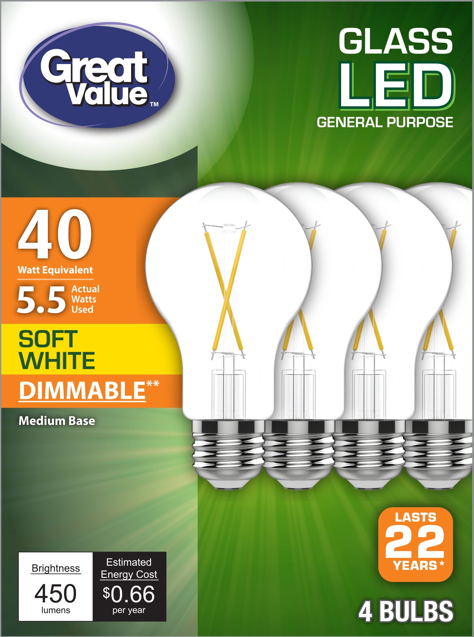 Great Value 40w Equivalent LED Glass Light Bulb, 22 year, Dimmable