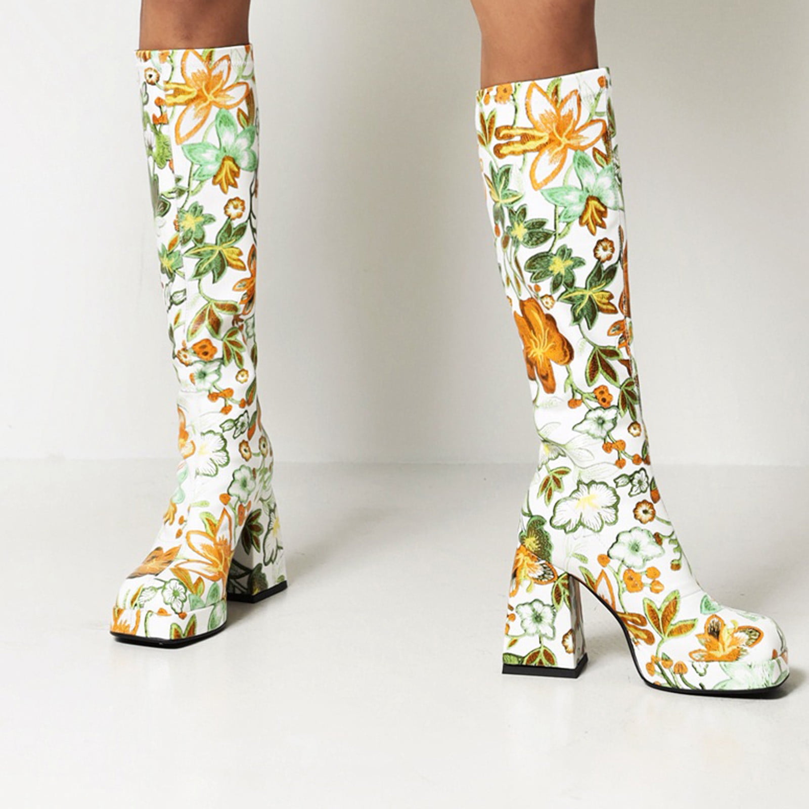 Teissuly Women s Boots Clearance Large Floral Color Matching Long Women s Knee Length Sleeve High Riding Boots Walmart