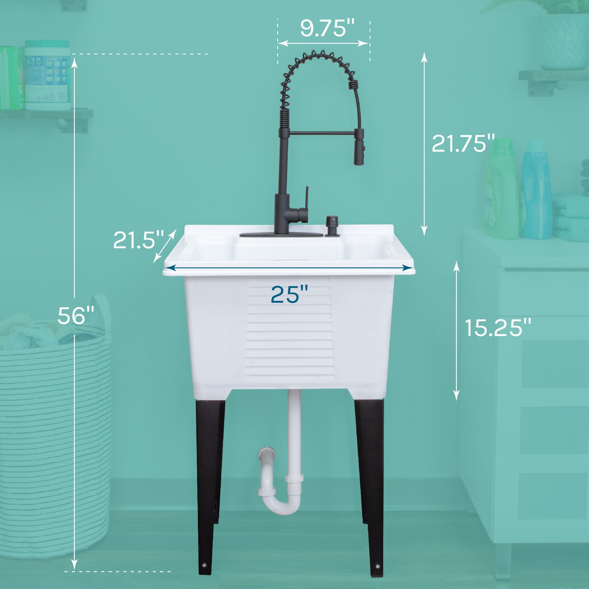 White 18 Gallon Utility Sink with Black Coil Pull-Down Faucet Luxe Edition