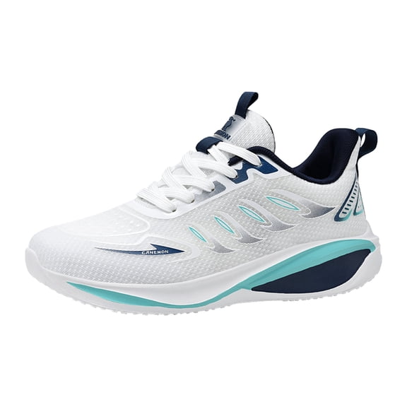 CANEMON Men's Breathable Mesh Lace-Up Walking Shoes, White/Navy, 6.5