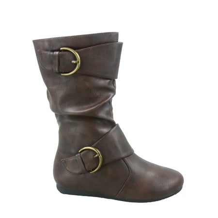 

Klein-80k Girls Kid s Causal Round Toe Flat Heel Buckles Zipper Slouchy Mid Calf Boots Shoes ( Brown. 3 )