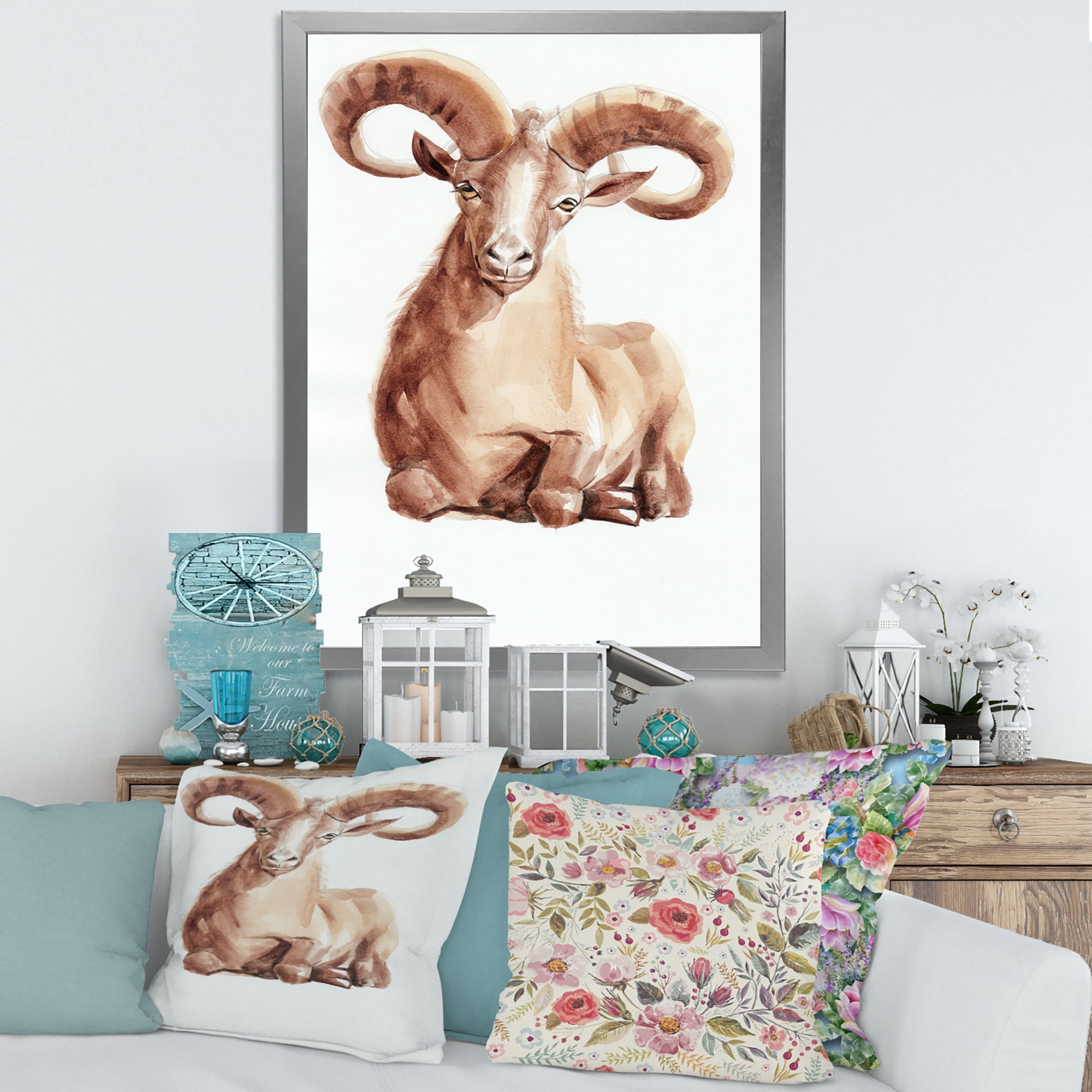 Designart 'Abstract Portrait of Wild Ram With Mighty Horns II' Farmhouse Framed Art Print