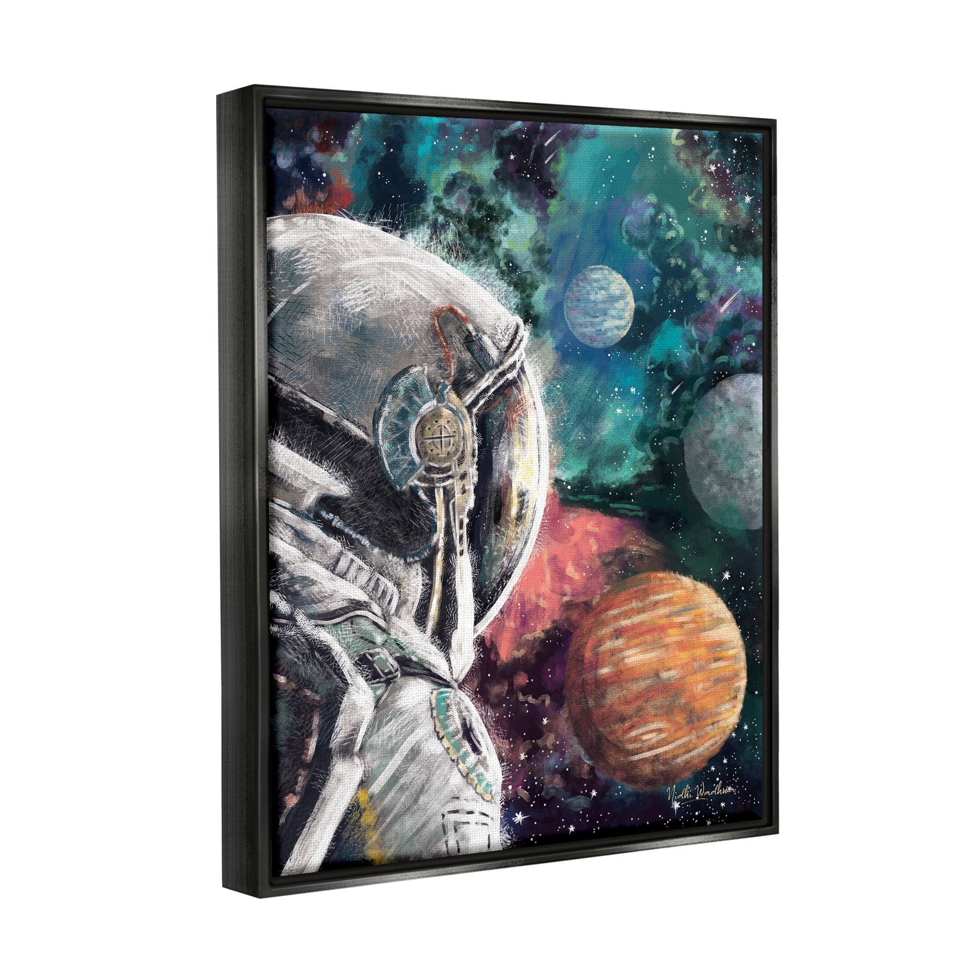 Stupell Industries Astronaut & Outer Space Novelty Painting Black Floater Framed Canvas Art Print Wall Art, 25 x 31
