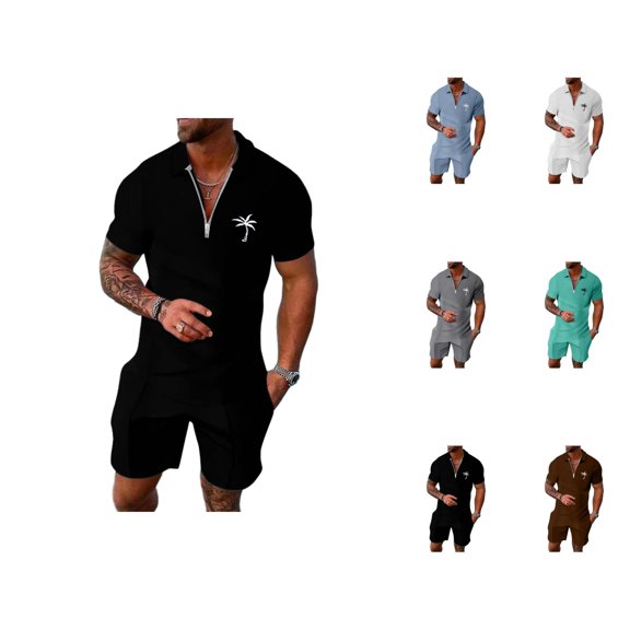 Short Sets for Men Short Sleeve Quarter Zip Polo Shirt and Bermuda Shorts 2 Piece Matching Set Beach Outfit Set
