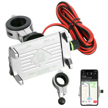 Motorcycle Phone Mount with USB Charger Socket Power Outlet 5V/2.5A on Handlebar/Mirror Bar,Aluminum Motorcycle Handlebar Mount Compatible with iPhone XR Xs Max Xs X 8 7 6 Plus Galaxy S10