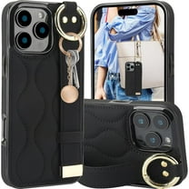 Finger Loop Ring Wrist Band Case for iPhone 16 Pro with Keychain, Adjustable Wristband Holder Kickstand [Stand Function] PU Leather Cover Case for Apple iPhone 16 Pro ZHD-Black