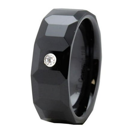 EWC R40039-070 Black Multi-Faceted Ceramic Ring with CZ - Size 7