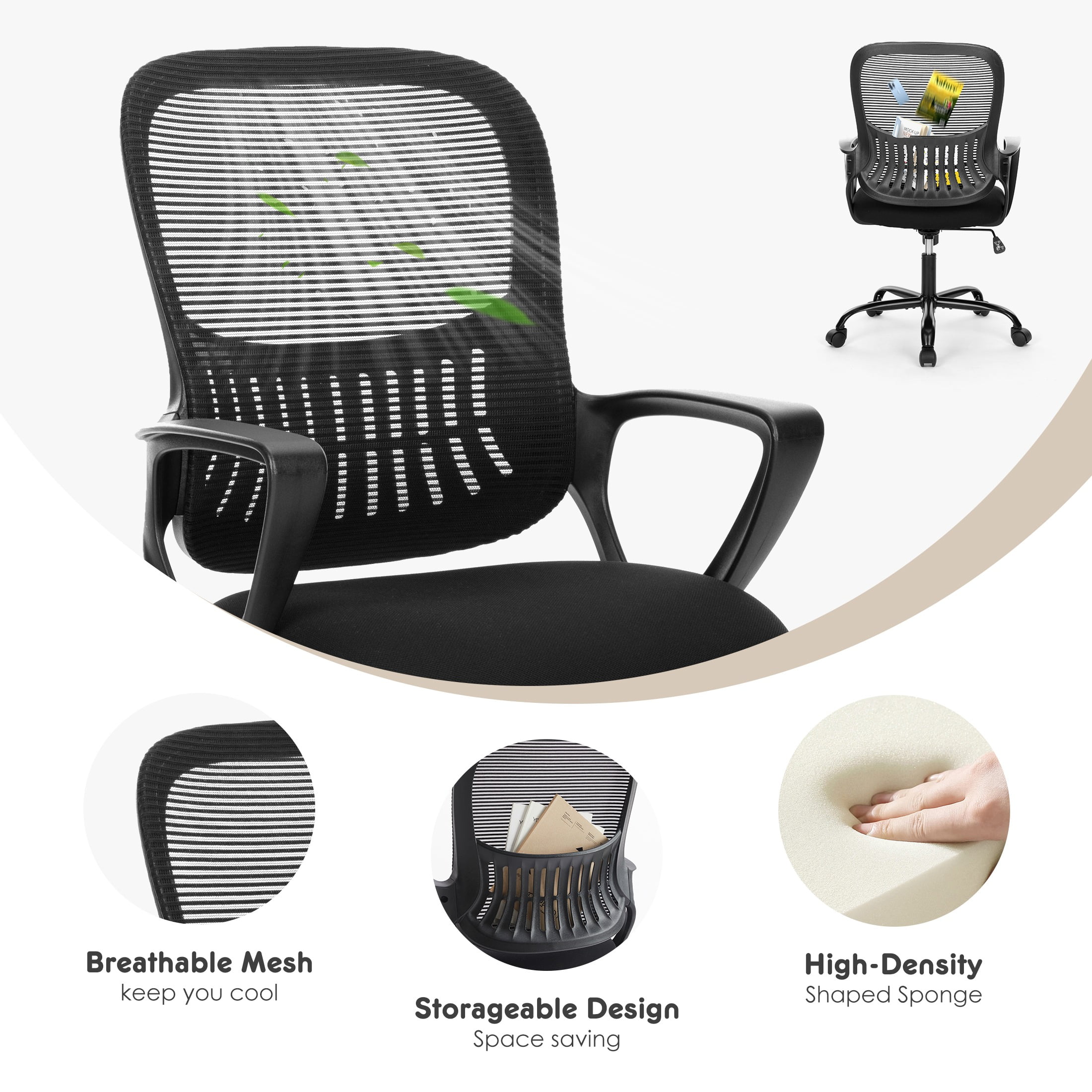 Gianna Ergonomic Mesh Office Chair with Lumbar Support, Armrests, Wheels, and Mid-Back Design for Home or Office Use, Black