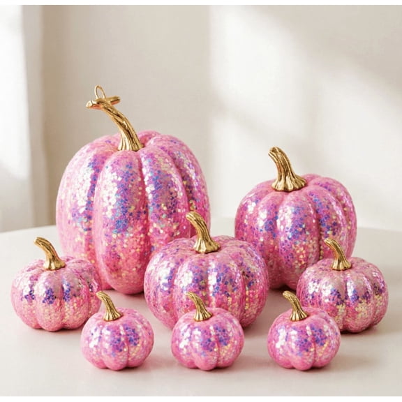 7PCS Pink Pumpkins Decor Fall Artificial -PVC Pumpkin Ornaments for Harvest Thanksgiving Halloween Farmhouse Table Centerpiece