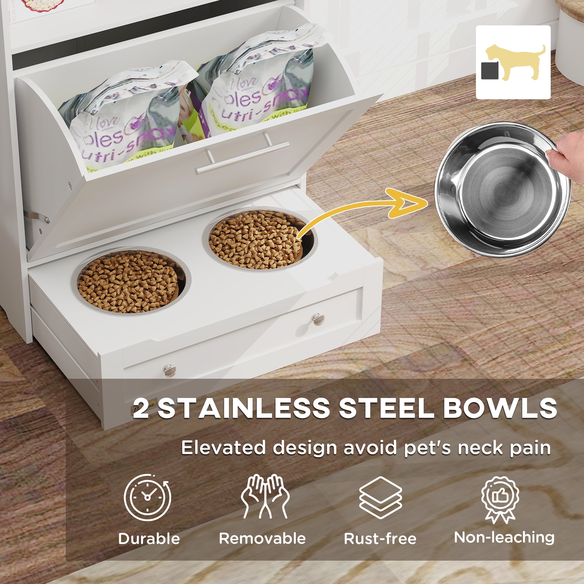 PawHut Pet Feeder Station Storage Cabinet, Dog Food Storage Container with Raised Dog  Bowls and Hanger for Feeding & Watering Supplies, White