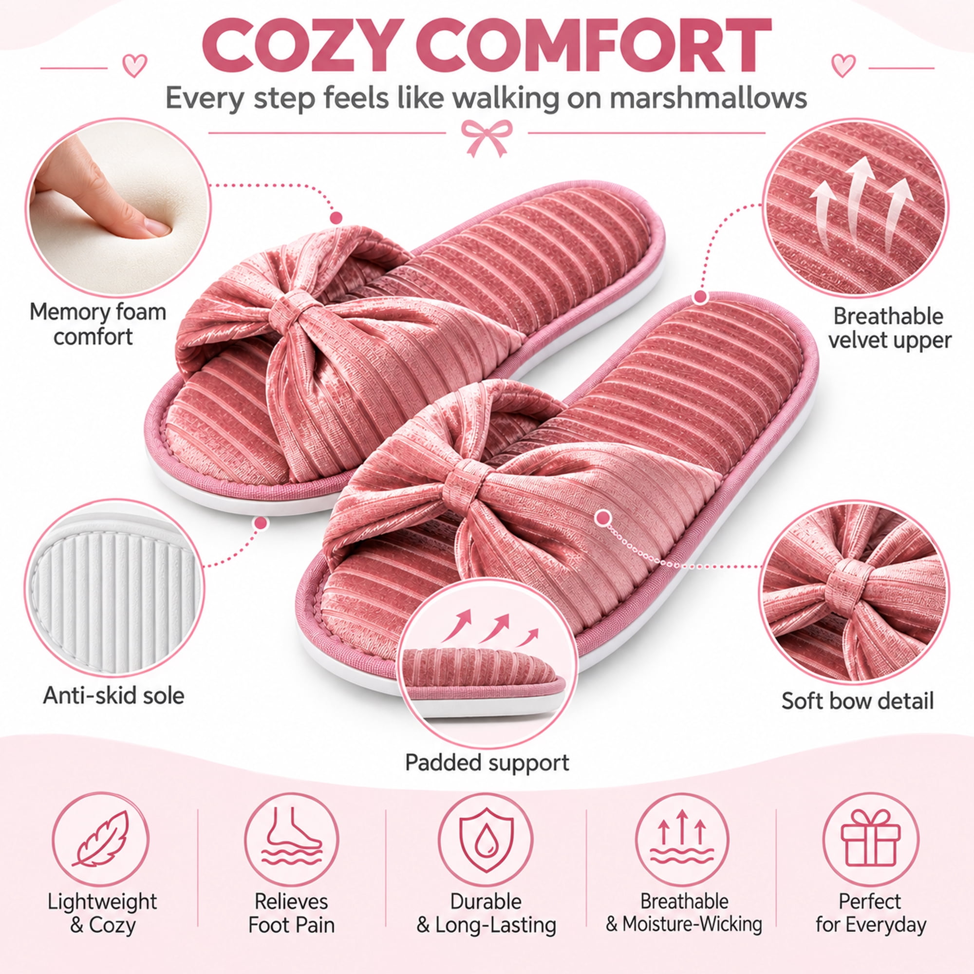 Women’s Memory Foam Open Toe Slide Slippers with Bow, Soft Cushioned Indoor House Shoes, Non-Slip Sole