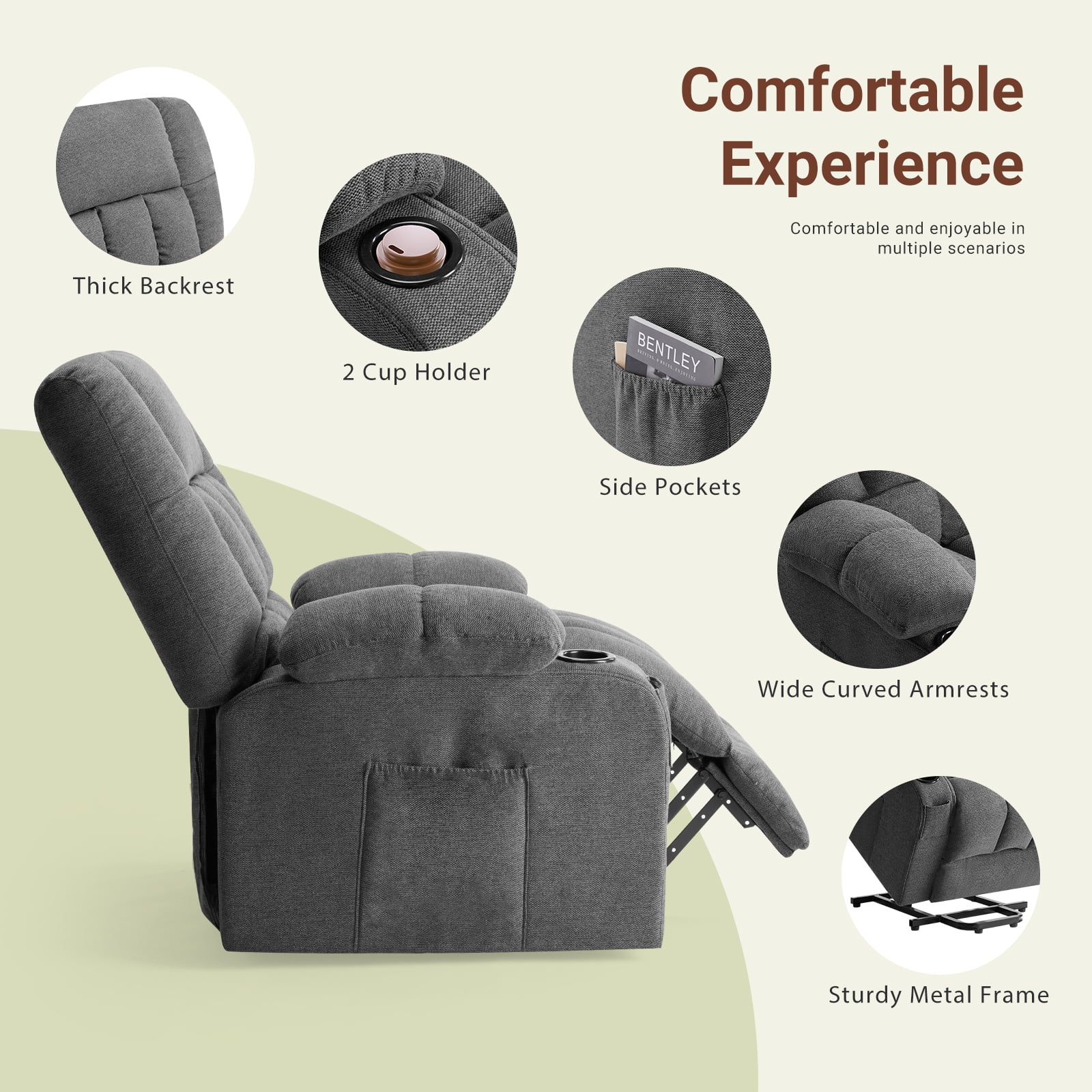 CONCETTA Elderly Recliner with Massage and Heating, Home Theater Recliner Chair with Lumbar Support and Remote Control, For Home Office Living Room, Gray