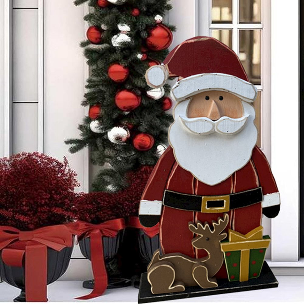 Hi-Line Gift Ltd. 30in Wooden Santa with Reindeer Christmas Decor Indoor Outdoor Use