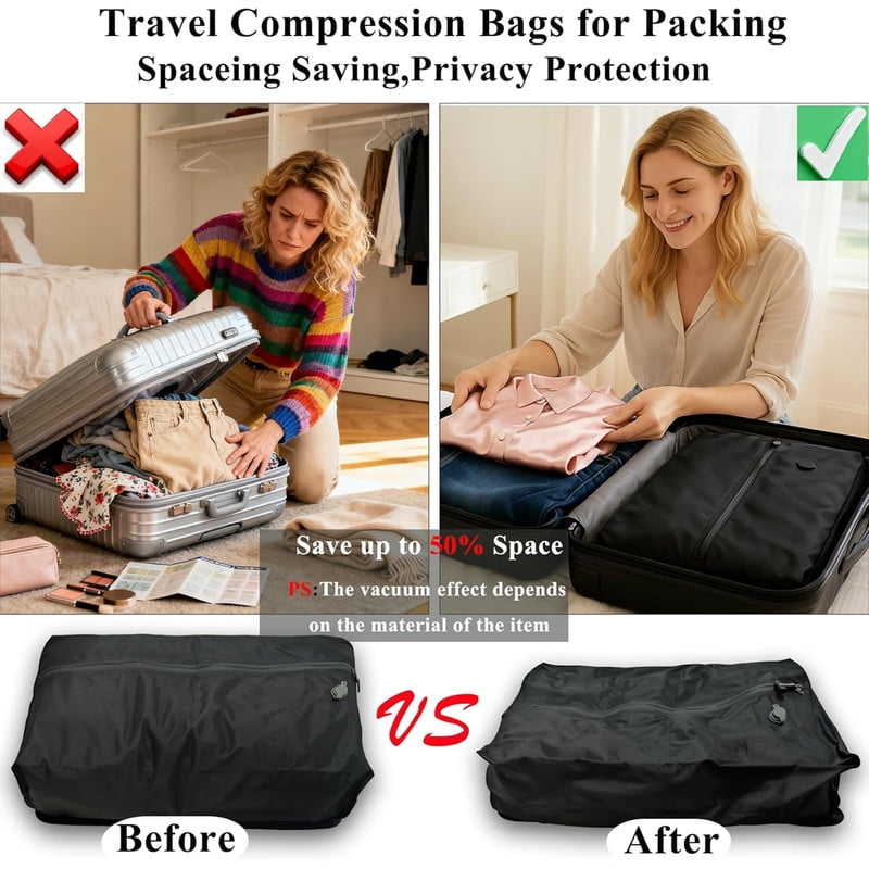 2 pack Travel Vacuum Bags with Pump, 17.32x11.42x5.51", IP67 Reusable Space Saver Compression Packing Storage Organizer Cube for Luggage CarryOn Suitcases (BLACK)