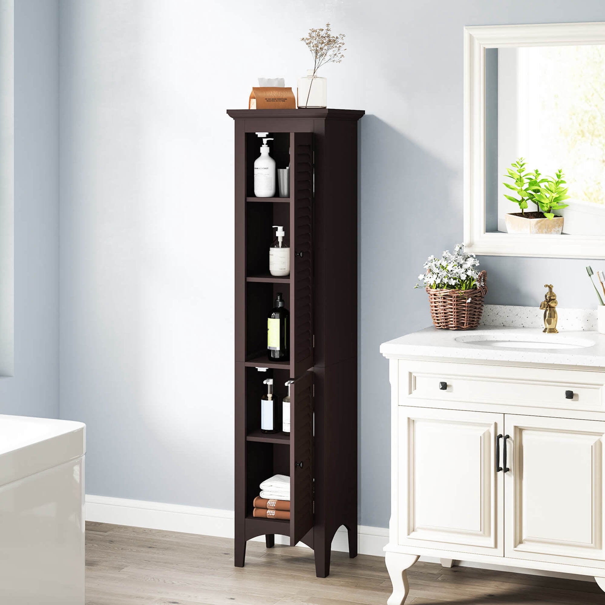 Costway 63" Tall Bathroom Cabinet with 2 Louvered Doors & Adjustable Shelf Elevated Legs Brown