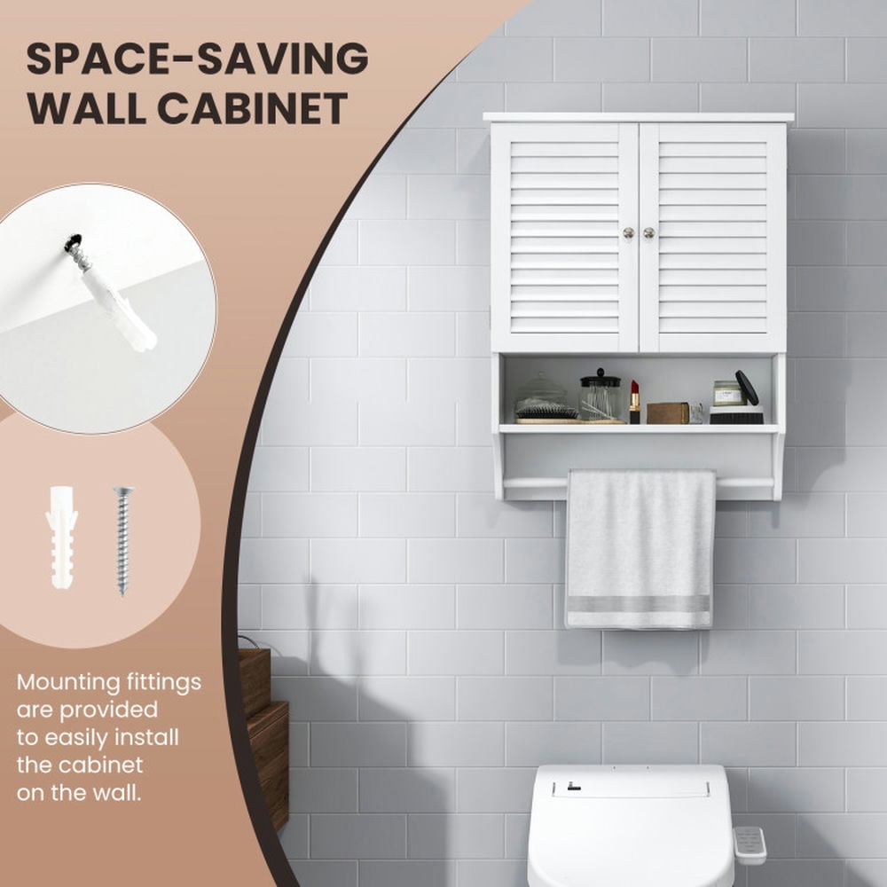 Finihen Bathroom Wall Cabinet, Wall Mounted Bathroom Cabinet, Medicine Cabinet, 2-Doors Bathroom Wall-Mounted Medicine Cabinet with Towel Bar, for Bathroom, White Finihen Bathroom Wall Cabinet, Wall Mounted Bathroom Cabinet, Medicine Cabinet, 2-Doors Bathroom Wall-Mounted Medicine Cabinet with Towel Bar, for Bathroom, White