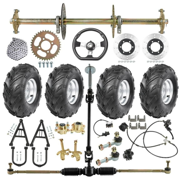 Complete DIY Go Kart & Drift Trike 32" Rear Axle Kit with 16x8-7" Wheel Tires Front & Rear Brake Set up Steering Rack Accessories, Shock Swingarm, Hub, Spindles for ATV, Quad, & Golf Carts Buggy
