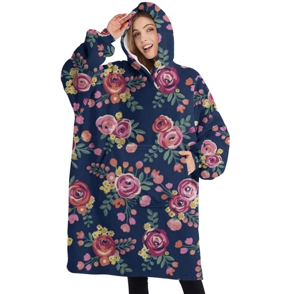 Oversized Wearable Blanket Hoodie,Pioneer Flower Floral Print Pattern Sherpa Blanket Hoodie with Super Pockets,Super Warm Fuzzy Pullover for Women & Men