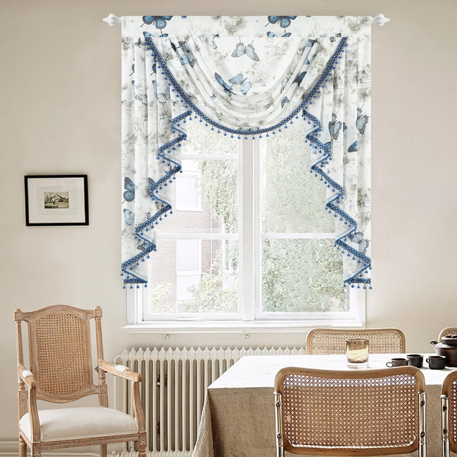 VOGOL Farmhouse Sheer Valance, Butterflies Print Waterfall Swag Curtains for Bedroom, 39x43 Inches