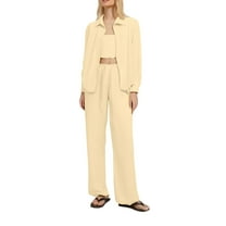 Ohufall 3 Piece Sets Women Clothing Vacation Outfits for Women Solid Color Long Sleeve Turndown Collar Coat Casual Wide Leg Pants Tube Top Three Piece Set