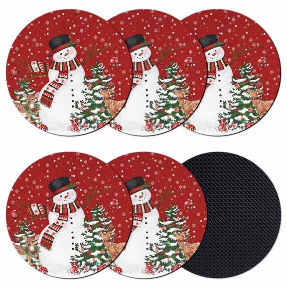 Red Snowman Christmas Coasters Set of 6, Absorbent Coasters for Drinks, Xmas Tree Ball Snowflake Elk Coaster for Desk Coffee Table Protection, Home Decor House Warming Gifts 4"