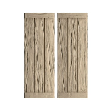 Ekena Millwork 16 1/2"W x 86"H Rustic Three Board Joined Board-n-Batten Riverwood Faux Wood Shutters w/End Batten (Per Pair), Primed Tan