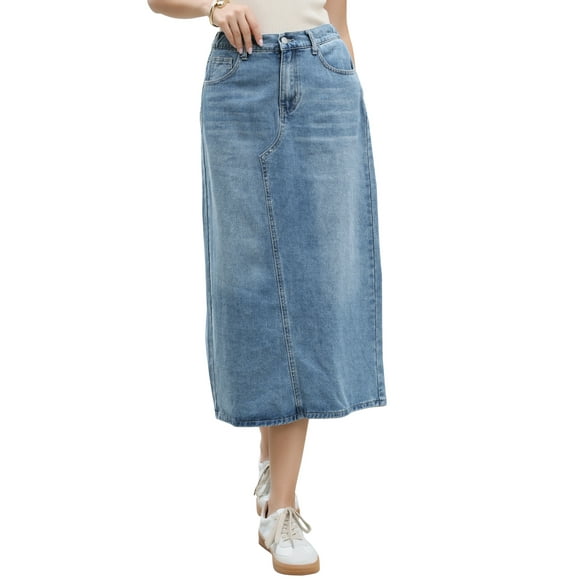 Denim Skirt for Women Elastic Waist Split Back Pockets Maxi Length Long Jean Skirts M Sky Blue