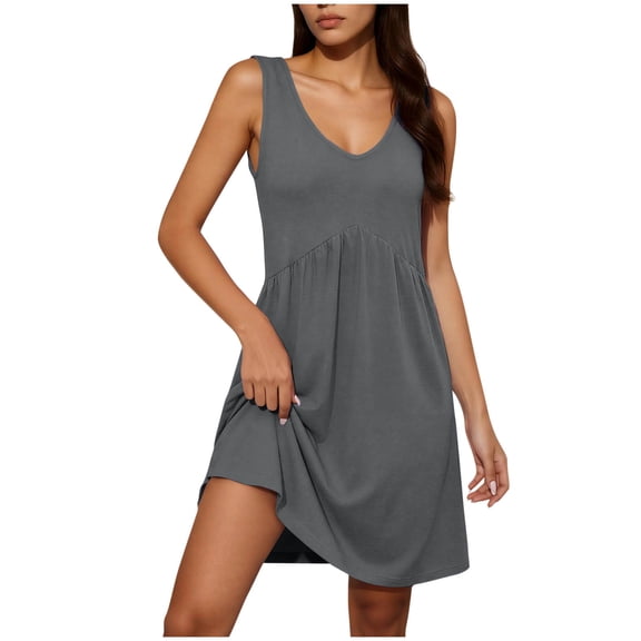 Gpaecead Women's V Neck Sleeveless Midi Dress High Waist Soft Stretch Solid Color Casual Summer Beach Vacation Outfit Gray