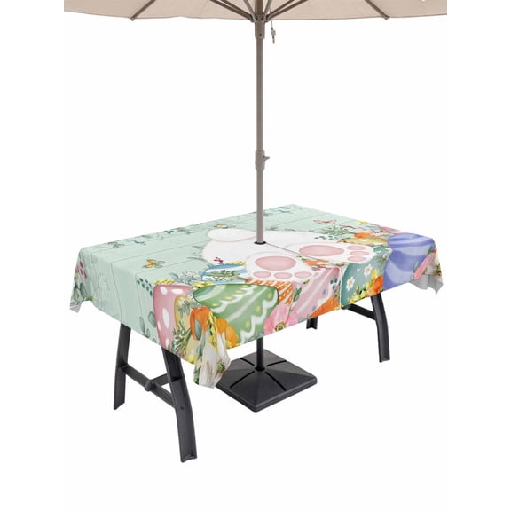 Outdoor Tablecloth with Umbrella Hole and Zipper, Cute Easter Bunny Rectangle Table Cloth 60x84 Inch Waterproof Tablecloth, Eucalyptus Leaves Colorful Eggs Teal Wooden Picnic Table Cover for Patio