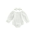 thumbnail image 1 of Baby Girls Romper Set Long Sleeve Off-shoulder Hollowed Pleated Solid Romper with Hairband, 1 of 8