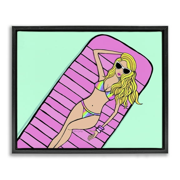 Stupell Industries Trendy Girl on Pool Float People Painting Black Floater Framed Canvas Art Print Wall Art, 21 x 17