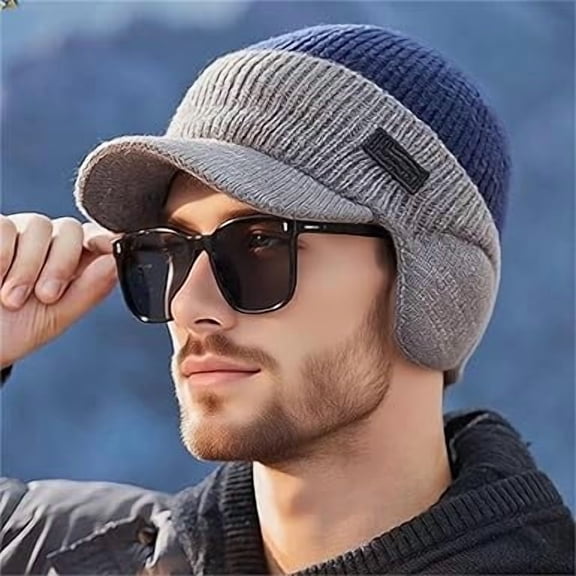 Men’s Winter Knit Beanie with Earflaps & Brim: Cozy Warm Headwear for Cold Weather(1pcs,G)