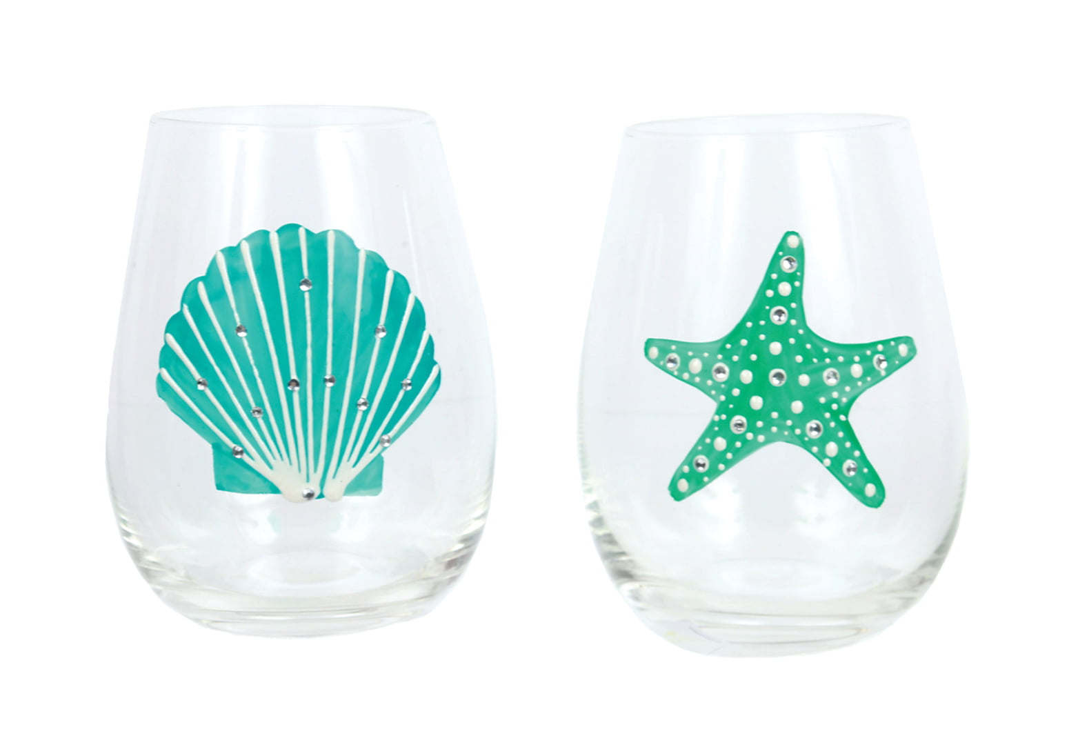 Starfish Blue Coral Stemless Hand Painted Wine Glasses Set of 2 Beach Home Decor