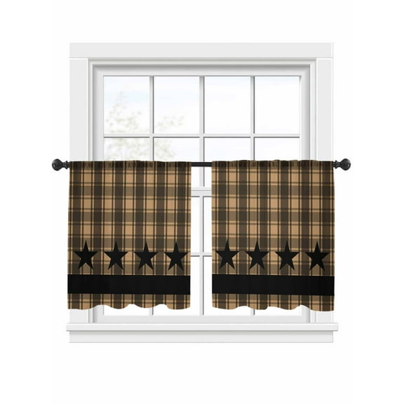 Checkered Stars Sheer Curtains 45 Inch Long 2 Panels, Retro Brown Black Plaid Art Light Filtering Rod Pocket Semi Sheer Curtains, Sheer Voile Drapes for Living Room Bedroom, 52"x45"