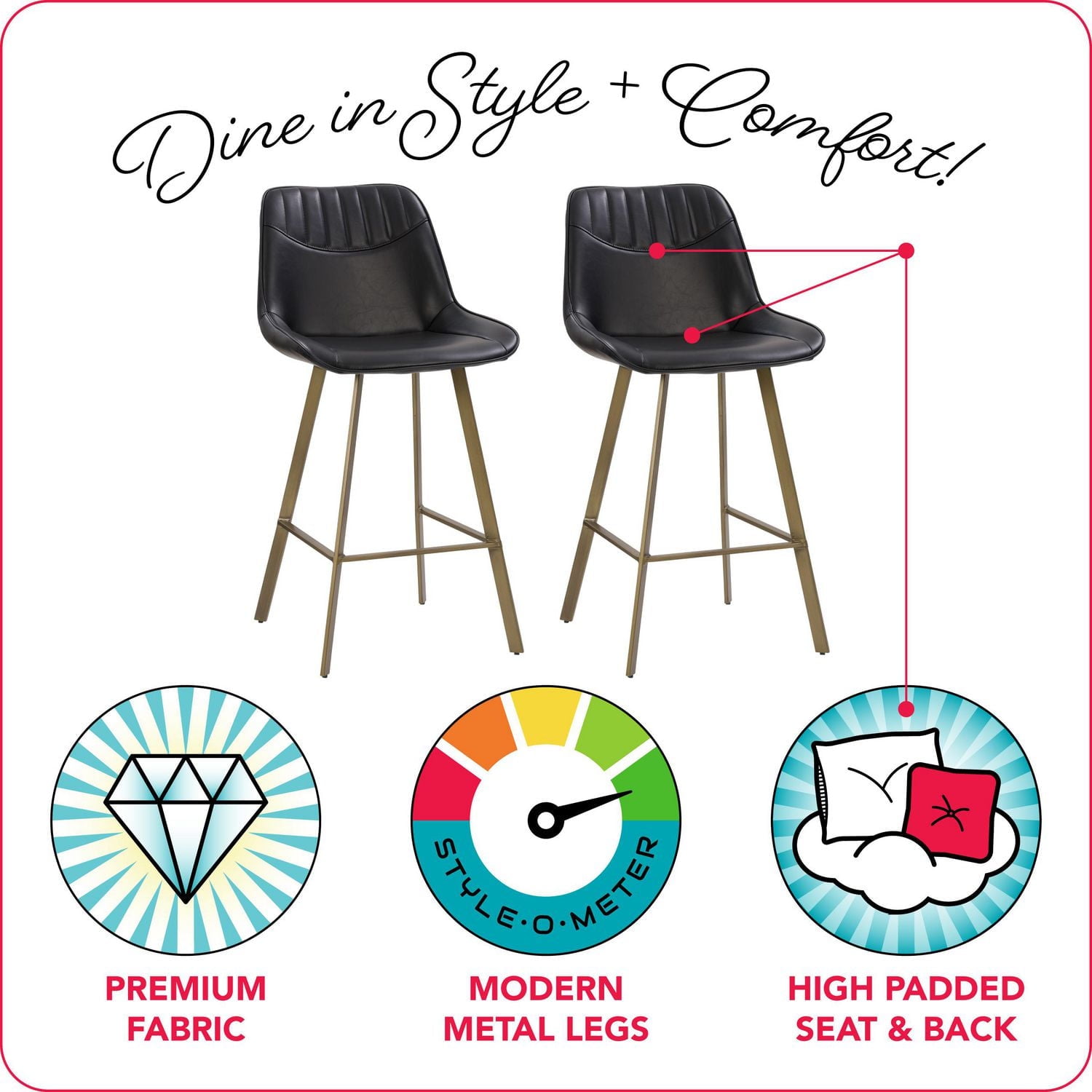 CorLiving Christoff Farmhouse Modern Upholstered Indoor Counter-Height Barstools with  Metal Legs - Set of 2