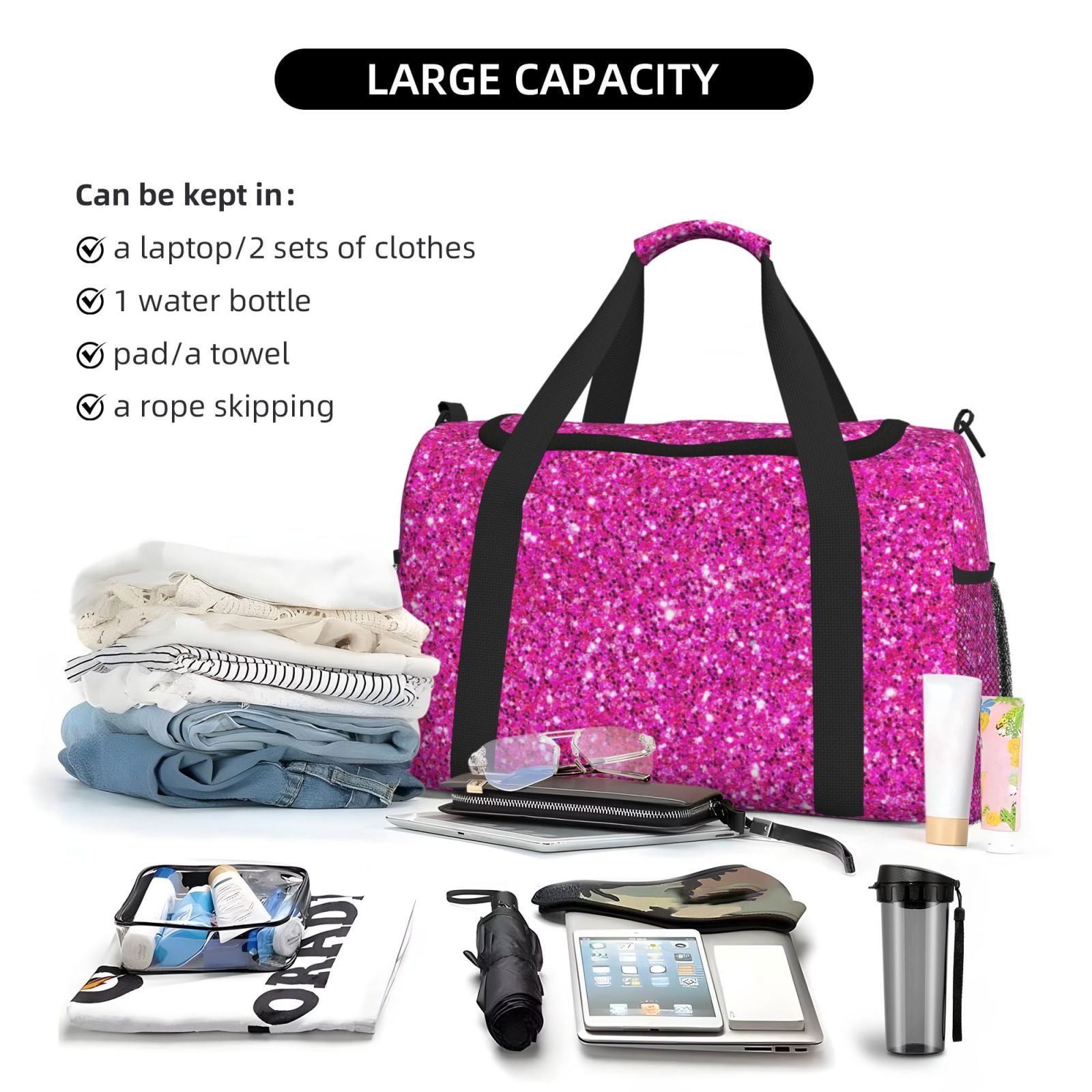 Horeoi Rose Red Glitter for Travel Duffle Bag with Adjustable Strap - Large Capacity Hand Carry for Gym Sports Outdoor