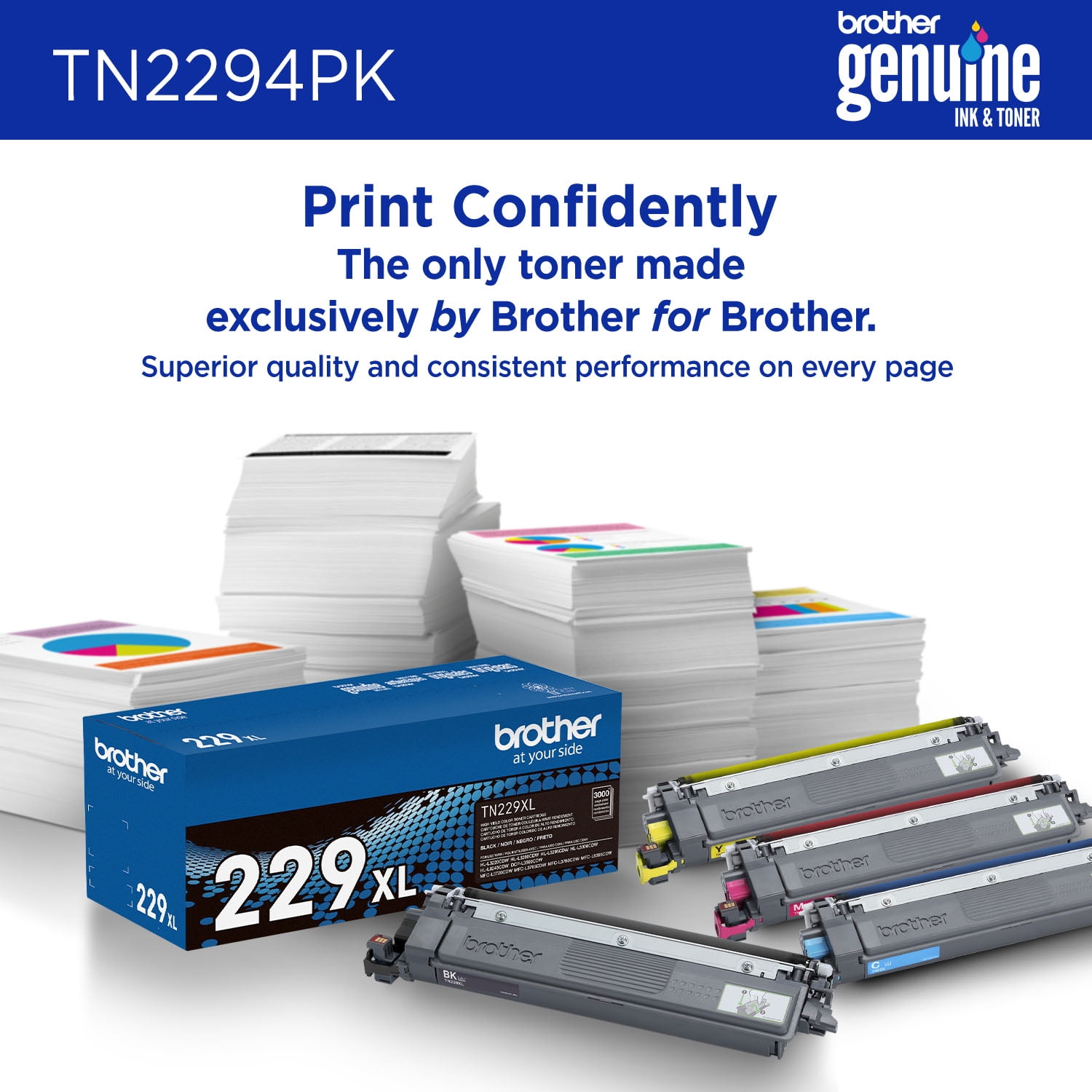 Brother Genuine TN229 4PK Standard Yield Toner Cartridge Multipack (Includes 1 cartridge each of Cyan, Magenta, Yellow, Black)