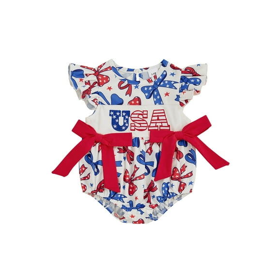 Okbabeha Newborn Baby Girls 4th of July Outfits Fourth of July Bubble Romper Fly Sleeve USA Flag Embroidery Bodysuits Summer Independence Day Clothes