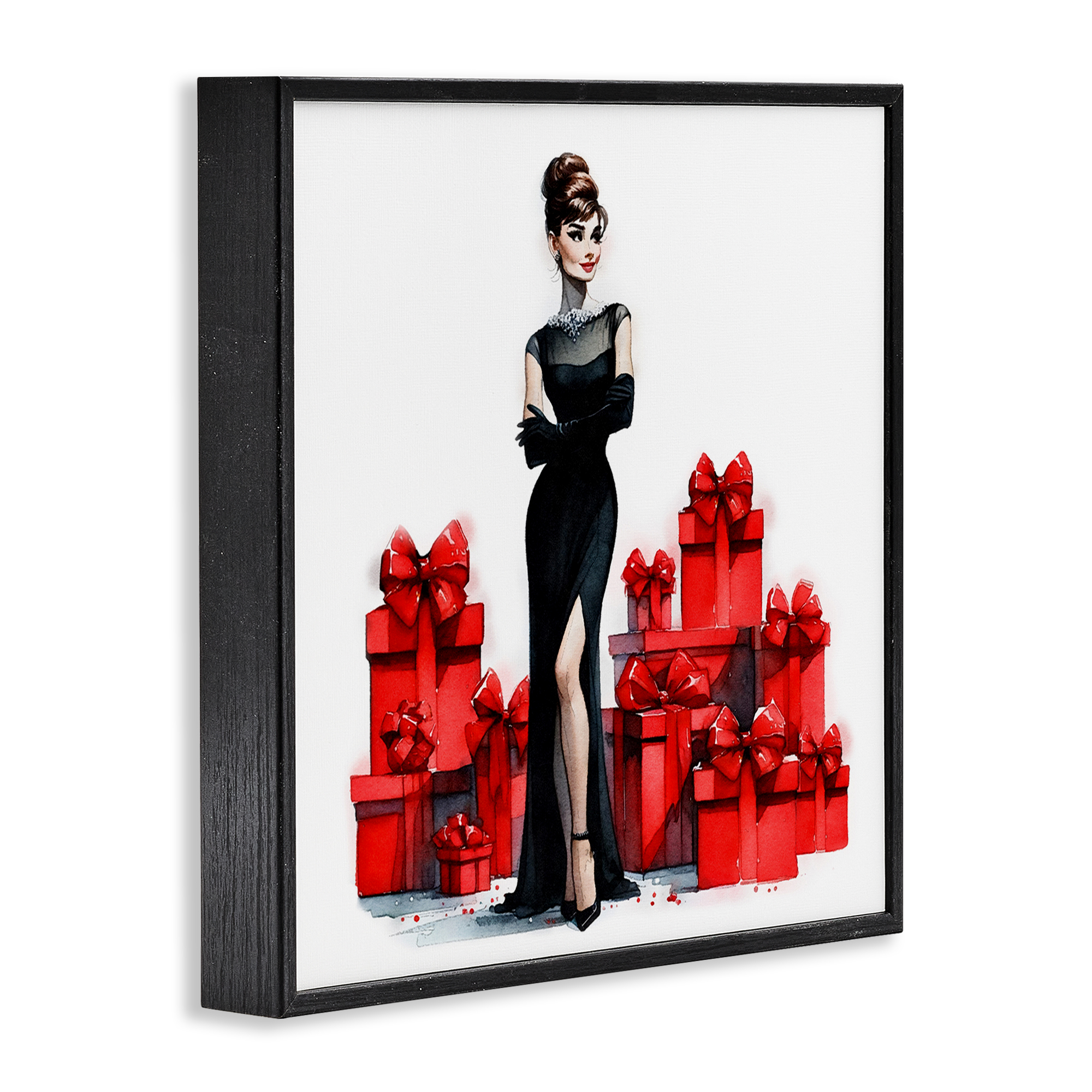 Stupell Industries Elegant Woman & Gifts Holiday Painting Black Framed Art Prints Wall Art, 12 x 12