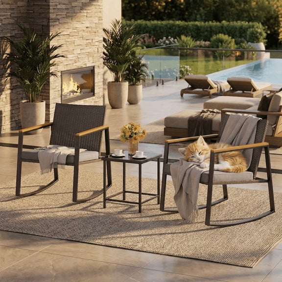 Aiho 3 Pieces Rocking Patio Furniture Set, Wicker Outdoor Chair Set with Coffee Table for Garden, Gray