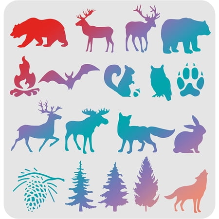 Animal Stencils Template 11.8x11.8inch Plastic Forest Animals Drawing Painting Stencils Bear Deer Wolf Pine Pattern Reusable Stencils DIY