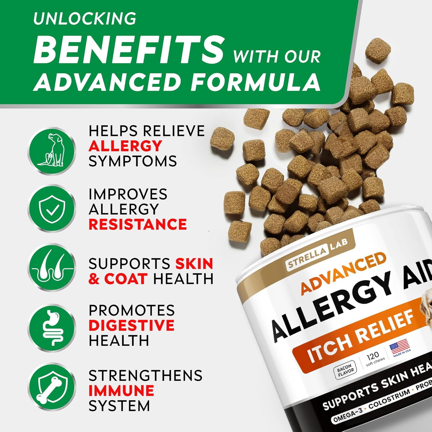 Bark&Spark Allergy Relief Chews for Dogs - Fish Oil Omega-3 & Probiotics - Itchy Skin, Hot Spots & Immune Support - Bacon Flavor