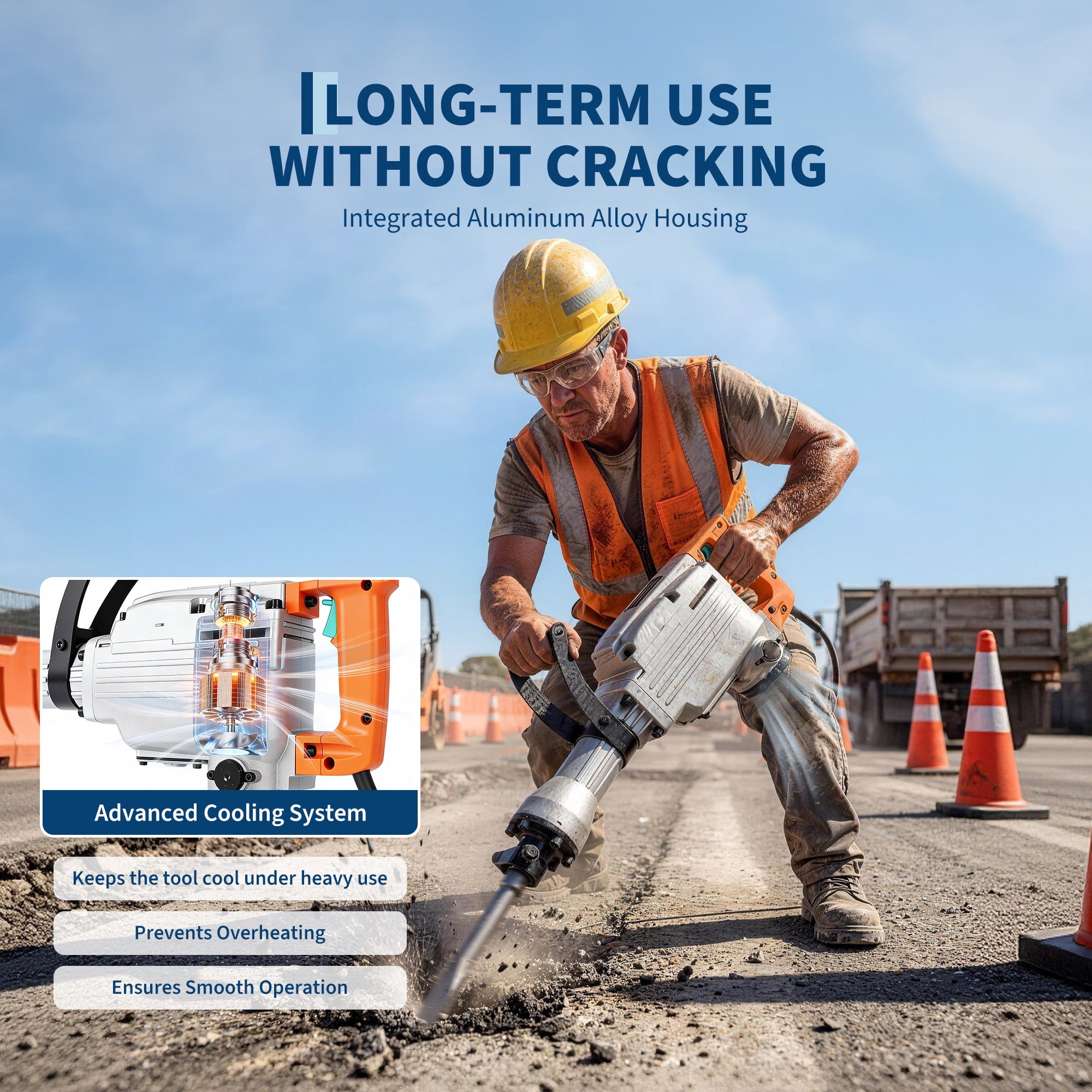 Electric Demolition Jackhammer 1500W Concrete Breaker 1800BPM 50J, Heavy Duty Demolition Hammer with Adjustable Anti-Vibration Handle, Safety Clutch, Carrying Case & 2 Chisels
