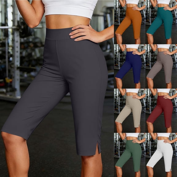 VBVC Women's Side Slit 7/8 Length Capri Leggings,High Waist Tummy Control Stretchy Yoga Pants For Women,Ladies Seamless Workout Capris with Pockets,Black,S-2XL