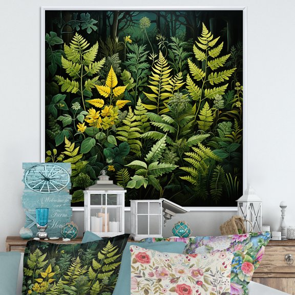 Designart "Dynamic Ferns Green and Black Contrast VI" Floral Floater Framed Wall Art Print