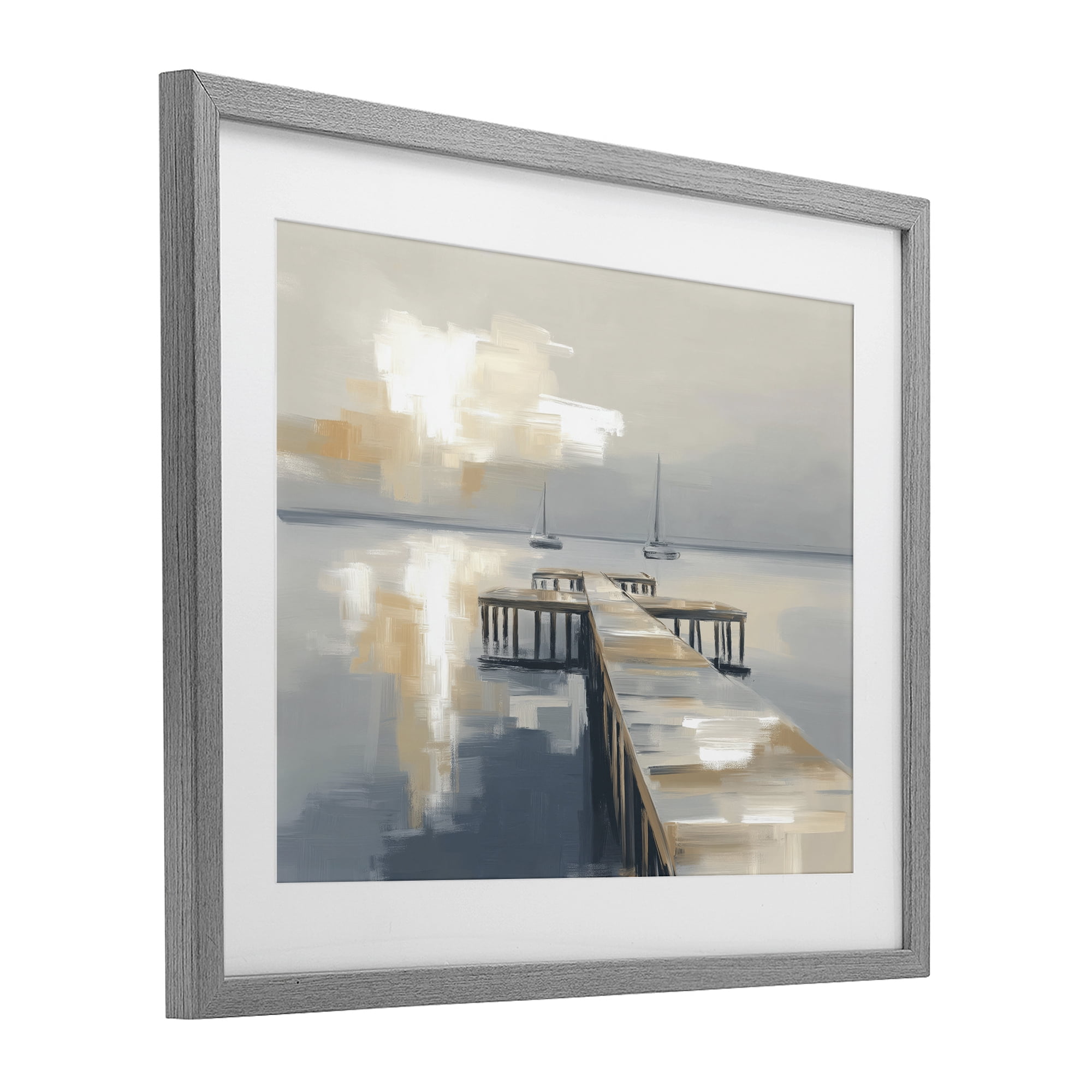 Stupell Industries Pier with Two Boats Seascape Gray Framed Print Under Glass, design by Kim Curinga