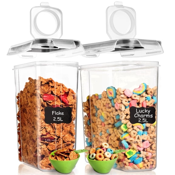 Shazo 2-PC (2.5L / 84 oz) Small Airtight Cereal Storage Containers with Lids, BPA-Free Plastic Pantry Canisters for Rice, Sugar & Flour, Includes 2 Measuring Spoon