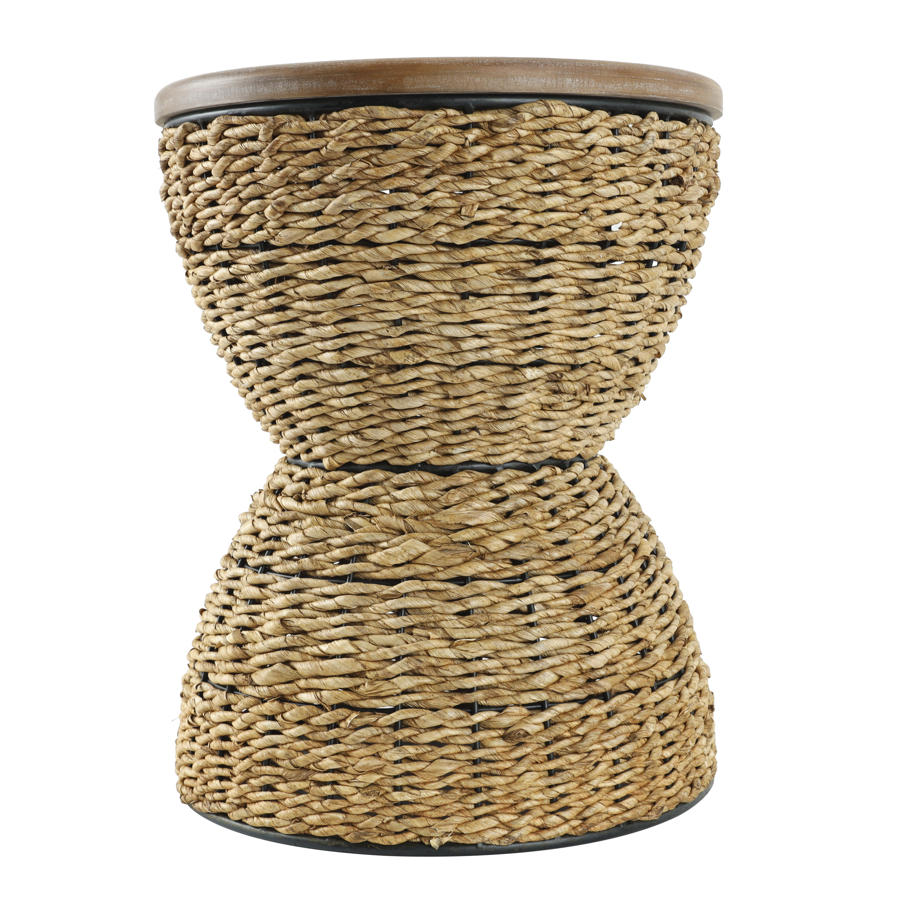 DecMode Rattan Handmade Woven Stool with Wood Tabletop and Black Frame, Brown
