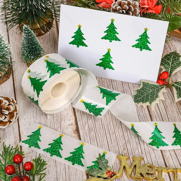 Herunwer Christmas Tree Stickers Roll Green Pine Tree Seal Stickers Xmas Waterproof Self-Adhesive Decals for Envelope Journal Decor Party Supplies